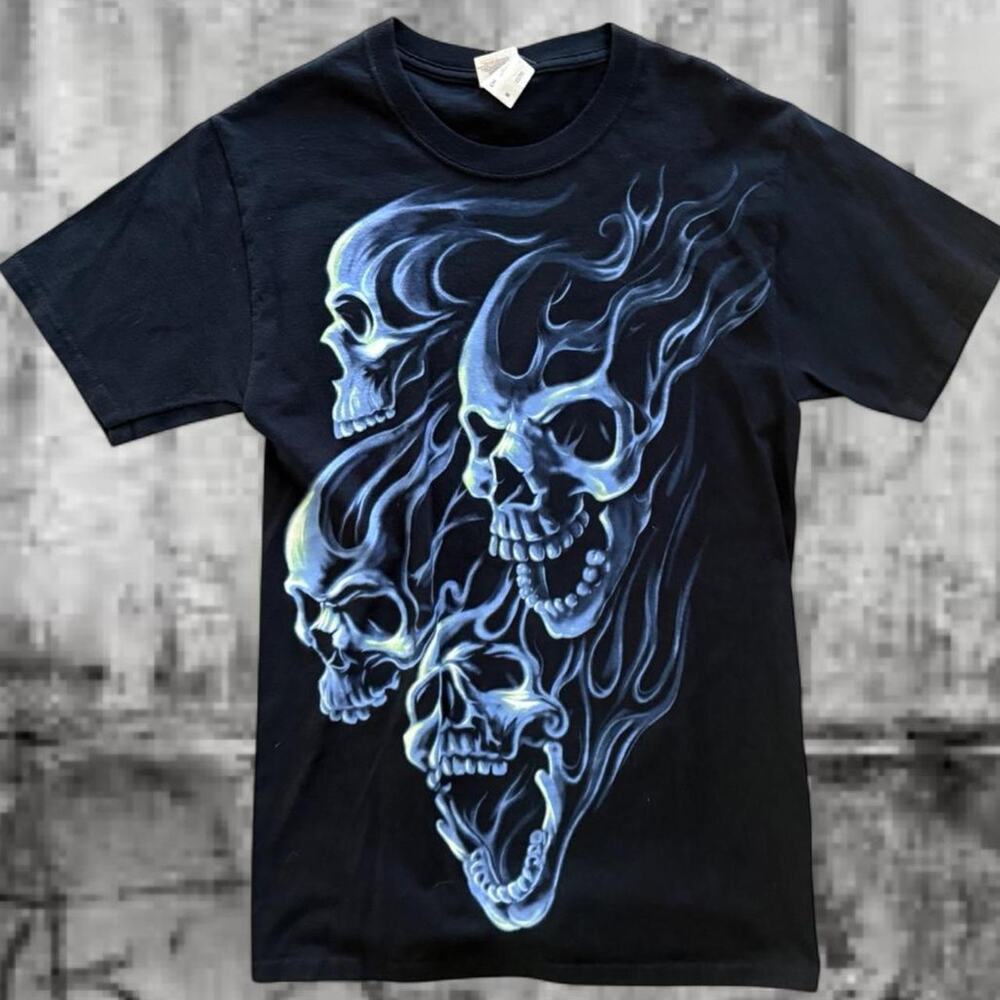 Fruit of the Loom HD Skulls Ghost Graphic T-Shirt Black Size S Y2K